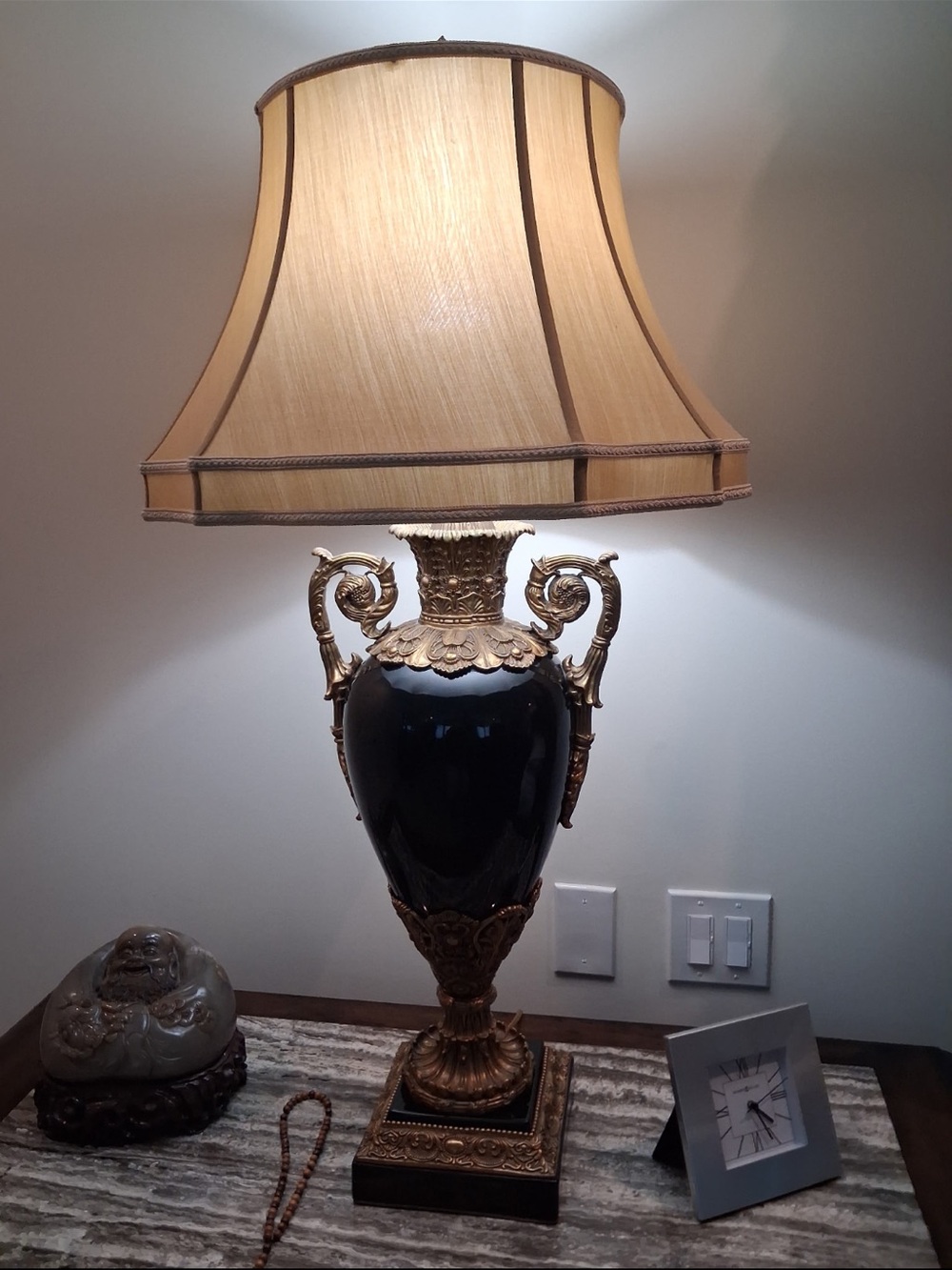 French neoclassical or Empire-style glossy black porcelain urn body table lamps